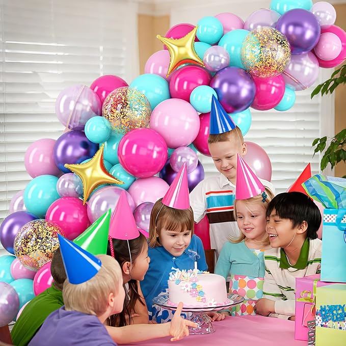 Pink Purple Blue Balloon Arch Kit Teal Hot Pink Metallic Purple Party Latex Balloon Garland with Confetti and Star Foil Balloons for Girls Princess Birthday Baby Shower Neon Party Decorations