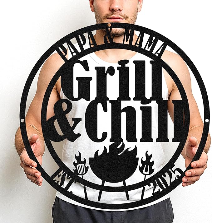 Custom BBQ Metal Sign Personalized Grill Name Wall Art for Outdoor Kitchen Patio Backyard Decor Fathers Gift for Dad Grandpa Husband Barbecue Smoker Area Sign, Grilling Lover Gifts 52