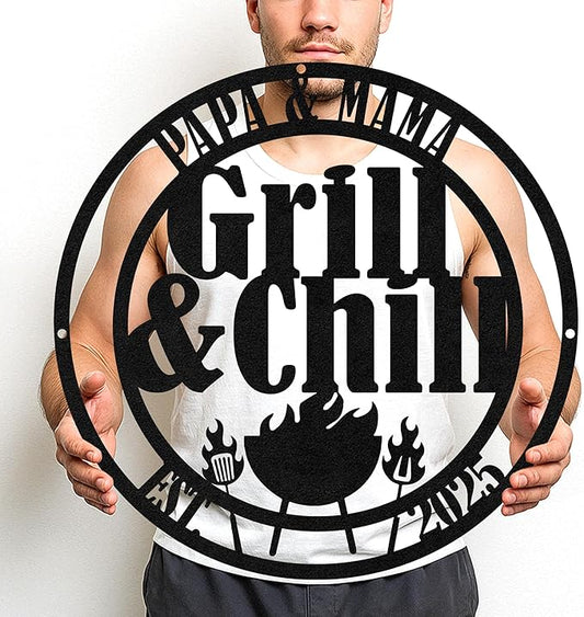 Custom BBQ Metal Sign Personalized Grill Name Wall Art for Outdoor Kitchen Patio Backyard Decor Fathers Gift for Dad Grandpa Husband Barbecue Smoker Area Sign, Grilling Lover Gifts 52