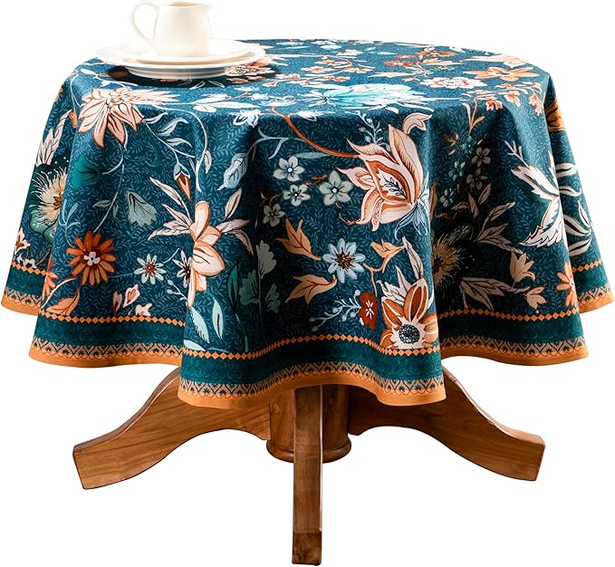 Maison d' Hermine Table Cloth Round Table 100% Cotton 69 Inches Fall Tablecloth Reusable Everyday Use for Thanksgiving Christmas Decorations Dining Farmhouse Party (Luxury Loft - Dark Teal)