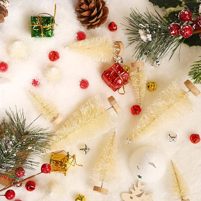 SATINIOR 60 Pieces Artificial Mini Christmas Tree Sisal Snow Trees Bottle Brush Christmas Trees Pine Trees Ornaments with Wooden Base for Christmas Party Home Decoration (4 Sizes, White)