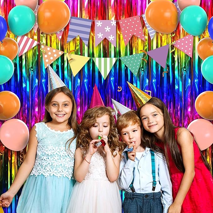 3 Pack Rainbow Foil Fringe Curtains Backdrop, 3.28 x 6.6 Ft Metallic Streamers Tinsel Curtains Background for Photo Booth, Birthday, Halloween, Christmas, Thanksgiving, New Year Party Decorations