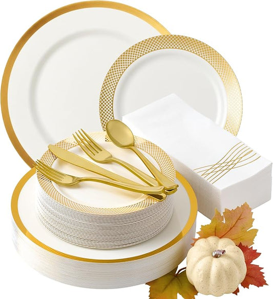 By Madee High End Thanksgiving Disposable Dinnerware Set - 175 Pcs 25 Guests – White & Gold Plastic Plates, Cutlery Linen Feel Napkins - Elegant and Effortless for Fall Holiday Hosting