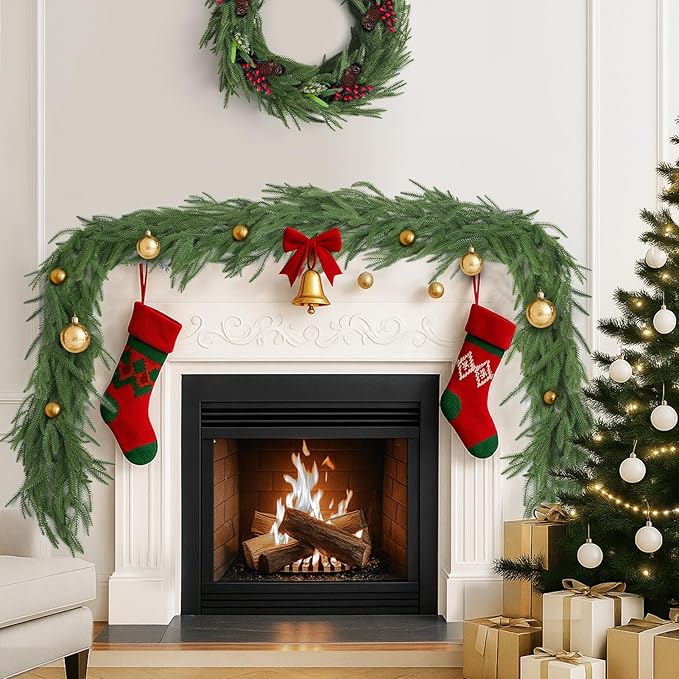 9FT Christmas Norfolk Pine Garland, Artificial Pine Needles Winter Garlands Faux Greenery Fake Garland for Holiday Fireplace,Table, Window, Stairs, Mante, Indoor Outdoor Decor (1 Pack, 9 FT)