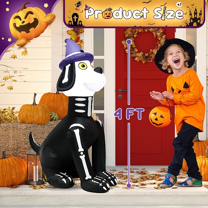 4FT Halloween Skull Dog Inflatable Decoration Blow up Halloween Skeleton Black Dog Decoration with LED Lights Indoor Outdoor Yard Graden Party Holiday Decor
