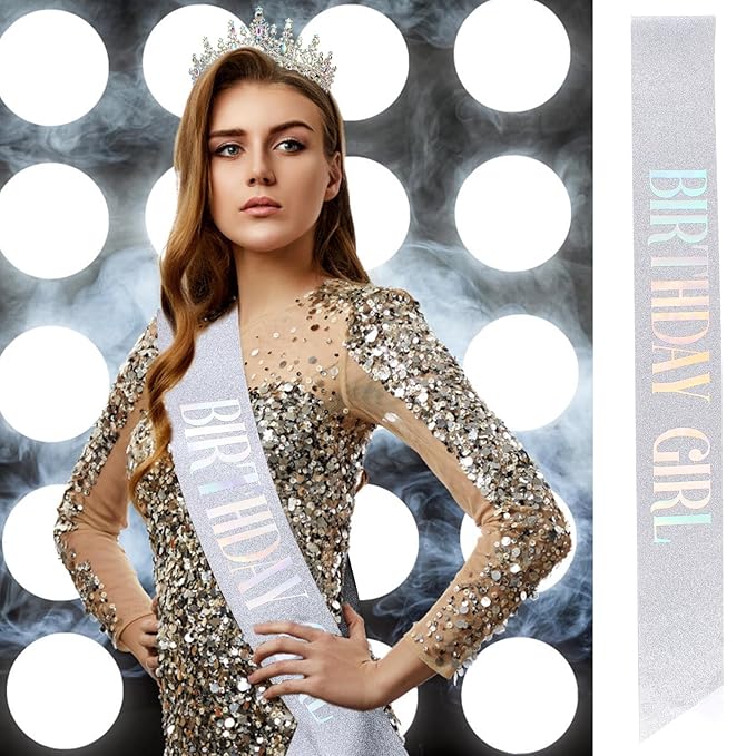 Velscrun AB Silver Crystal Birthday Tiara Crowns for Women Girls Princess Crown with Combs Birthday Girl Headband Sash Happy Birth Party Decorations Birth Gift Cake Topper Hair Accessories