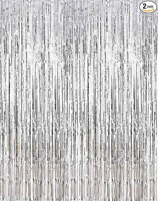 2 Pcs 3.2ft x 8.2ft Shiny Silver Metallic Tinsel Foil Fringe Curtains Photo Booth Backdrop for Birthday Wedding Bridal Shower Holiday Celebration Bachelorette Party Decorations