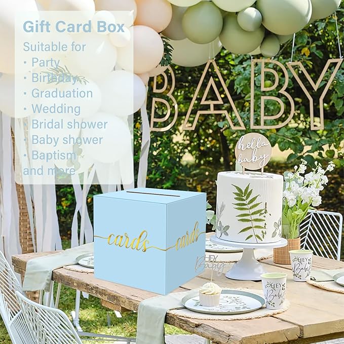 1 Pack Light Blue and Gold Foil Card Box for Party, 8.7" Light Blue Money Box for Birthday, Wedding, Baby Shower, Retirement, Anniversary, Bridal Shower, Raffle Ticket