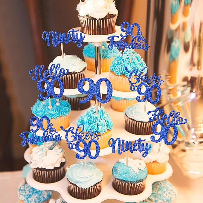 30PCS Happy 90th Birthday Cupcake Toppers Glitter Ninety Cheers to 90 Years Old Birthday Cupcake Picks Hello 90 Fabulous Cake Decorations for Happy 90th Birthday Anniversary Party Supplies Blue