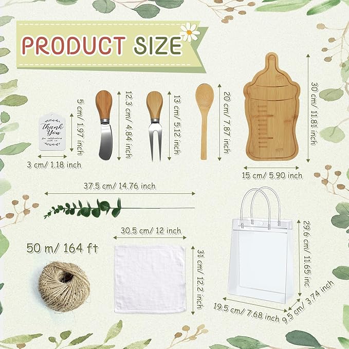 AZEAM 55Pcs Baby Shower Prizes for Game Winners, Bridal Shower Prizes with 6 Sets Bottle Cheese Board Spoon Fork Butter Knife Towel Card Plastic Bag Branch, Wedding Shower Favors for Guests