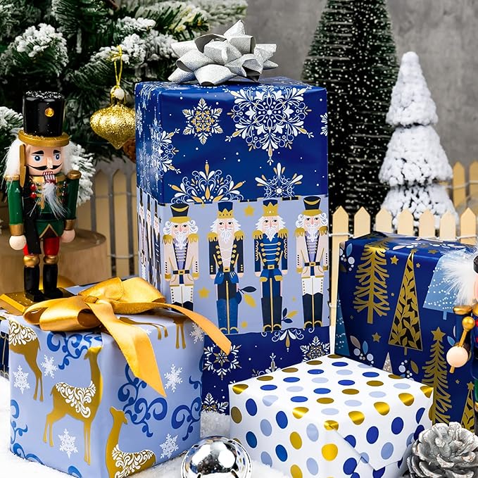 MAYPLUSS Nutcracker Christmas Gift Wrapping Paper - 17 In x 120 In Per Roll - Reversible Magic Navy Nutcracker, Midnight Snowflake, Tree Design Seasonal Gift Wrap Paper for Holiday, Christmas Ornament