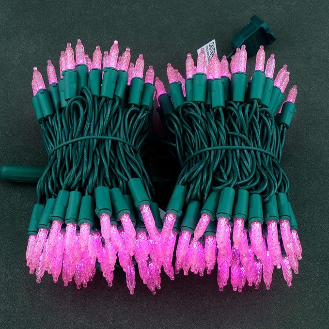 YULETIME Pink LED Faceted Christmas Lights 200 Count 50 ft, Pack of 2 Strands 25 ft 100 Lights UL Certified Commercial Grade Green Wire Mini Holiday String Light Set (Pink)
