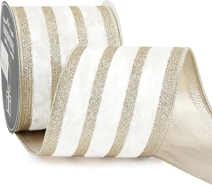 Ivory Velvet Wired Ribbon with Champagne Glitter Stripe 4 Inch Crushed Velvet Christmas Ribbon, 10 Yards for Gift Wrapping, Crafts, Christmas Tree Decorations, Wreath Supplies, Garlands