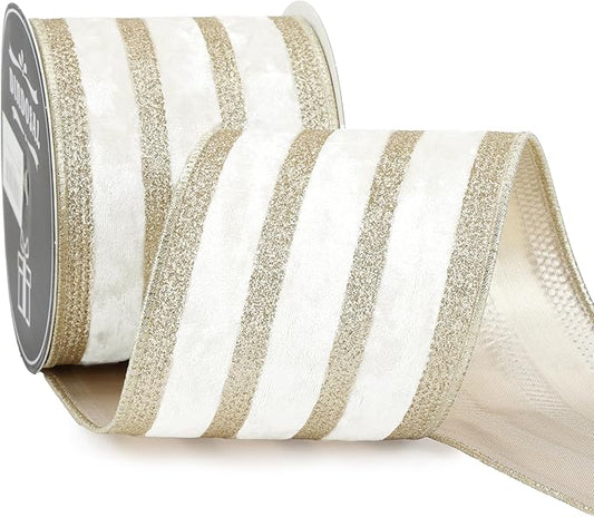 Ivory Velvet Wired Ribbon with Champagne Glitter Stripe 4 Inch Crushed Velvet Christmas Ribbon, 10 Yards for Gift Wrapping, Crafts, Christmas Tree Decorations, Wreath Supplies, Garlands