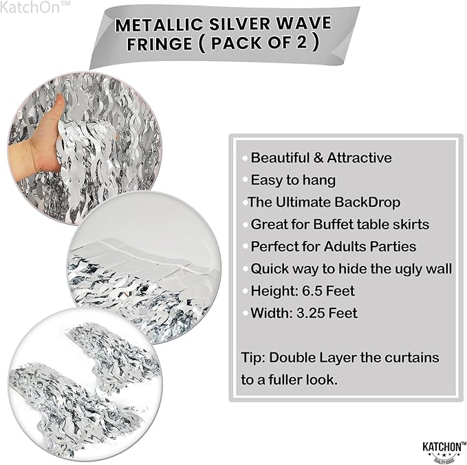 KatchOn, XtraLarge Wavy Silver Backdrop Curtain - Pack of 2 | Silver Streamers Backdrop for Disco Party Decorations | Fringe Curtains for Engagement, 25th Anniversary, 25th Birthday Decorations