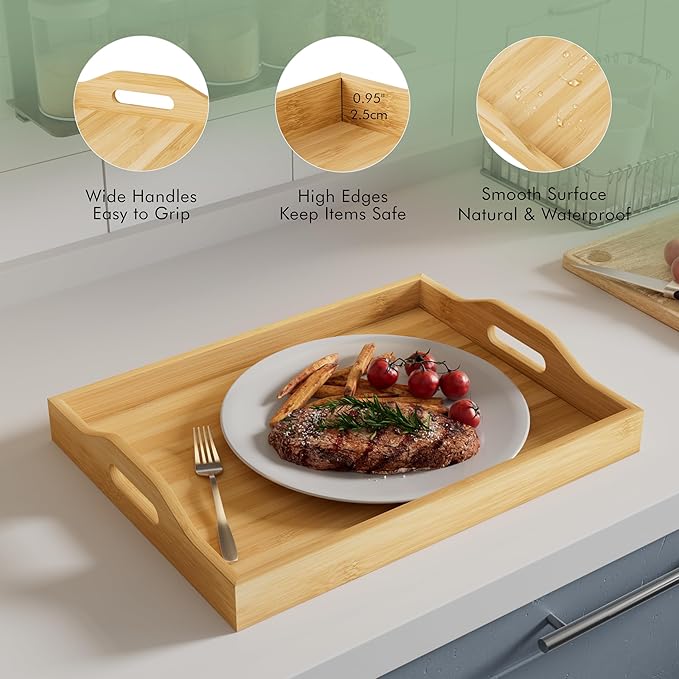3 Pack Serving Tray with Handles, 3 Sizes Nestable Rectangular Tray Easy Carrying Serving Trays, Durable Bamboo Trays for Serving Food, Party, Kitchen, Organizing, Decorating