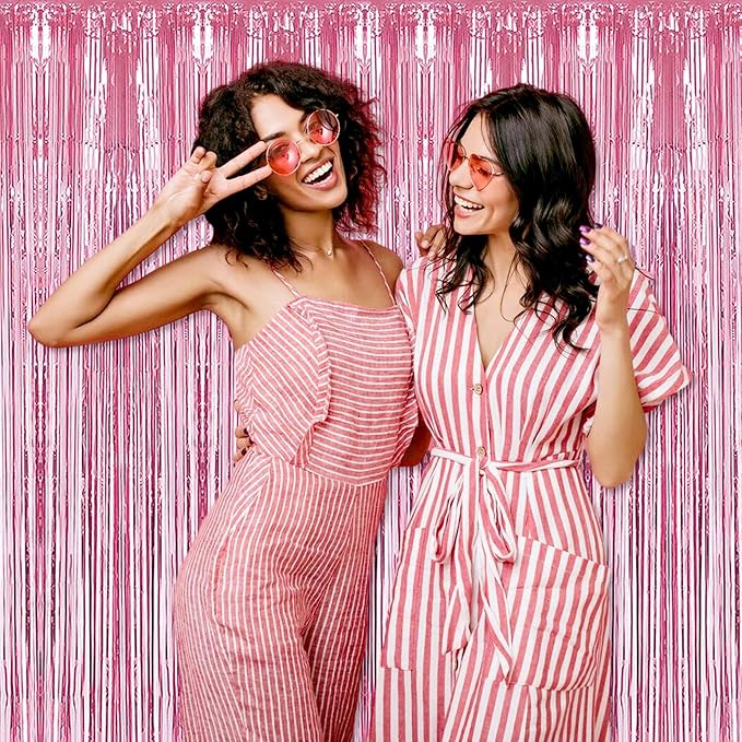 3 Pack Pink Foil Fringe Curtains Backdrop, 3.28 x 6.6 Ft Metallic Streamers Tinsel Curtains Background for Photo Booth, Birthday, Halloween, Christmas, Thanksgiving, New Year Party Decorations