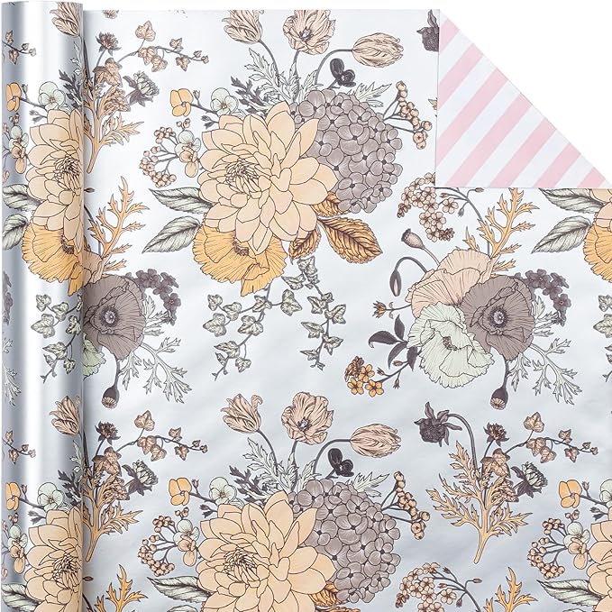 WRAPAHOLIC Reversible Floral Wrapping Paper - Mini Roll - 17 Inch X 33 Feet - Pearlized Silver Vintage Floral Wedding Wrapping Paper for Birthday, Bridal Shower, Baby Shower