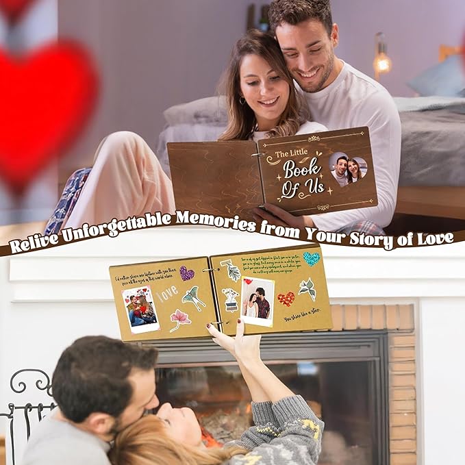CY2SIDE Book of Us Wooden Scrapbook - 111PCS The Little Book of Us Photo Album Scrapbook Craft Kit Included Wood Cover Heart Puzzle Brown Paper Sticker and Template for DIY Dating Anniversary