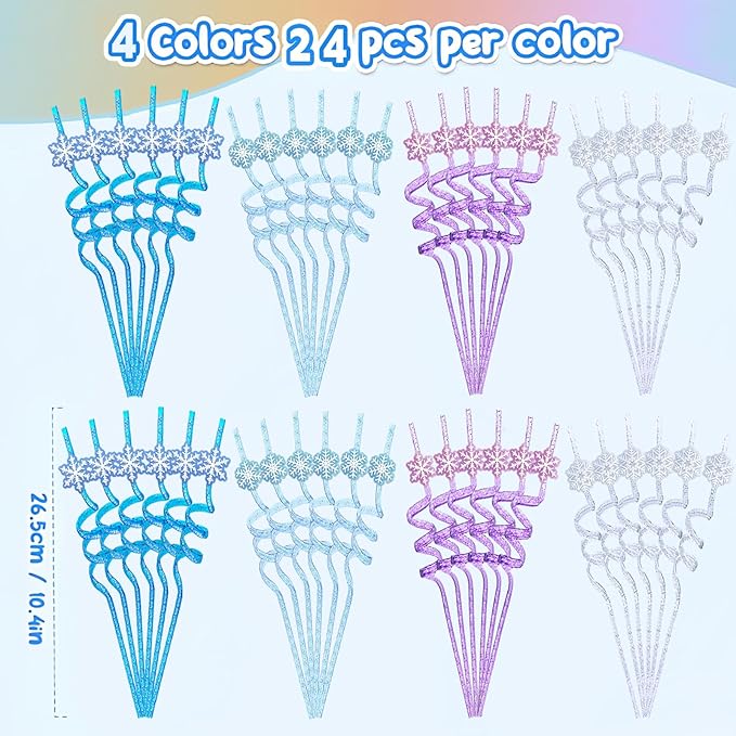 24Pcs Glitter Reusable Frozen Plastic Straws Drinking Straws, 4 Snowflake Shape & 4 Colors, Frozen Party Decoration Birthday Party Supplies