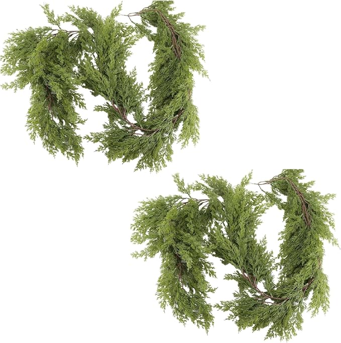 6FT Real Touch Cedar Garland, Christmas Artificial Cedar Garland, Artificial Cypress Leaf Vine Wreath for Mantle/Table/Stairs/Outdoor Indoor Christmas Decorations (2PCS)