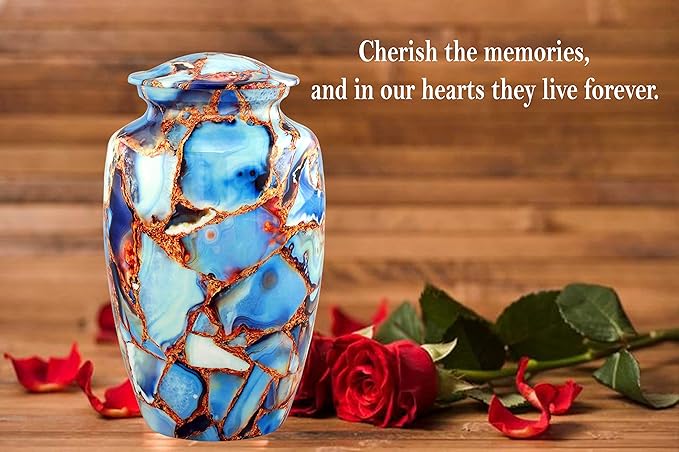Large Cremation Urn | Handcrafted Marble Finish Adult Cremation Urn | Funeral and Memorial Cremation Urns for Human Ashes up to 200 lbs with Velvet Bag (Luxury Blue)