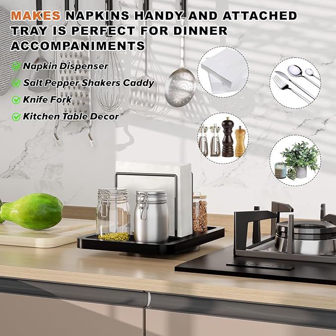 Rotating Napkin Holder for Table, Bamboo Standing Napkin Dispenser with Salt Pepper Shakers Caddy, Black Metal Hand Towel Holder for Bathroom Home Kitchen Farmhouse Decor Not Including Shakers