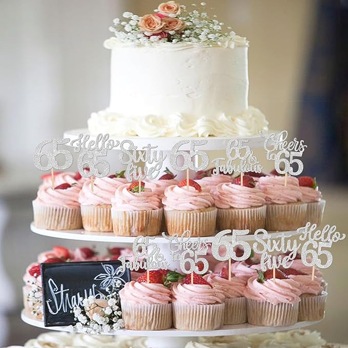 30PCS Happy 65th Birthday Cupcake Toppers Glitter Hello 65 Fabulous Sixty Five Cheers to 65 Years Old Birthday Cupcake Picks for Happy 65th Birthday Anniversary Party Cake Decorations Supplies Silver