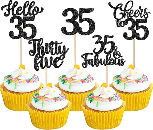 30PCS Happy 35th Birthday Cupcake Toppers Glitter Hello 35 Fabulous Thirty Five Cheers to 35 Years Old Birthday Cupcake Picks for Happy 35th Birthday Anniversary Party Cake Decor Supplies Black