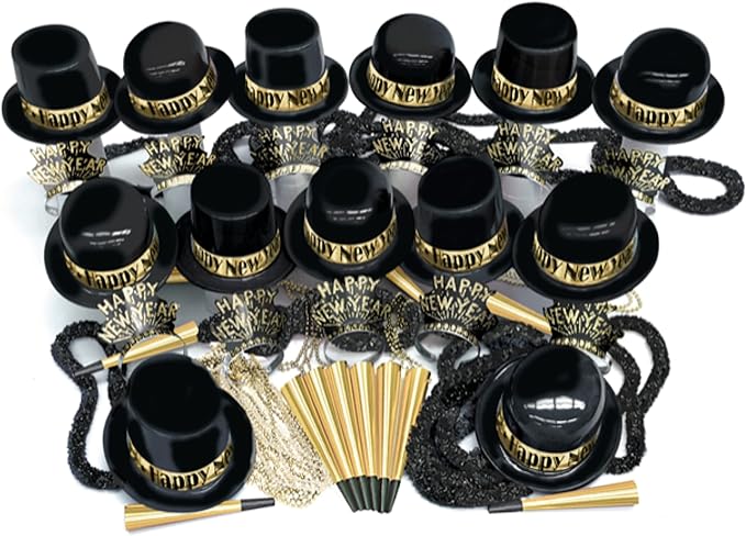 Crown Display New Years Eve Party Supplies 2026 I 250 Pcs I Black and Gold Top Hats Tiaras Bead Necklace Noise Makers I 2026 New Years Decorations Happy New Year Decorations 2026 Bulk Party Favors
