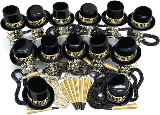Crown Display New Years Eve Party Supplies 2026 I 250 Pcs I Black and Gold Top Hats Tiaras Bead Necklace Noise Makers I 2026 New Years Decorations Happy New Year Decorations 2026 Bulk Party Favors
