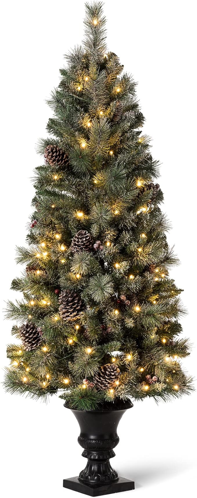Glitzhome 5ft Pre-Lit Flocked Christmas Tree with Red Berries and Pine Cones, 130 Warm White Lights, 372 PVC & Pine Needle Mixed Tips, Potted Christmas Tree for Porch Home Holiday Decor