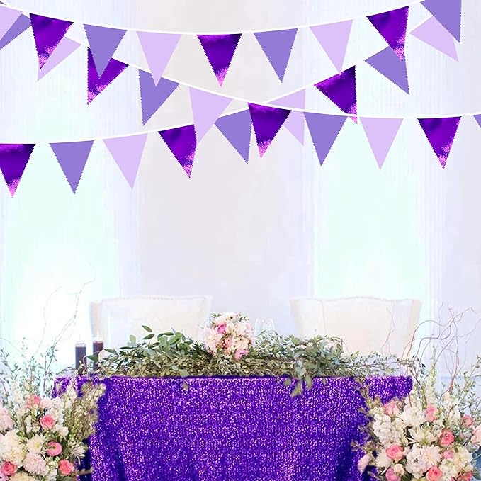 32Ft Purple Party Decorations Metallic Purple Triangle Banner Flag Pennant Fabric Garland Streamers for Lavender Birthday Baby Shower Bachelorette Wedding Violet Graduation Party Decor Supplies