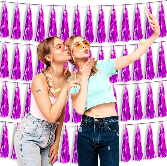 4P Hot Pink Foil Fringe Tassel Banner Garland Metallic Tinsel Streamers Wall Hanging Curtain Backdrop Banners for Parade Floats, 2024 Graduation Decorations, Wedding Party Decoration