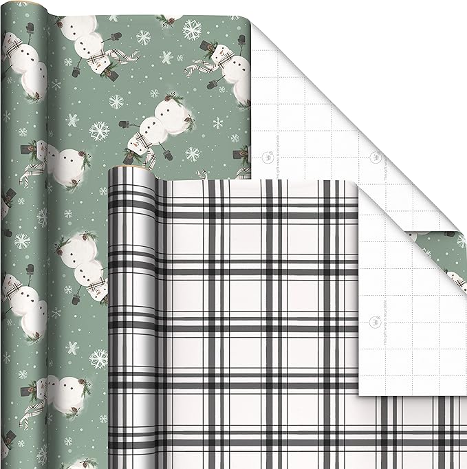 Hallmark Recyclable Neutral Christmas Wrapping Paper (4 Rolls: 100 Sq. Ft. Ttl) White and Sage Green Evergreen Pinecones, Rustic Snowmen, Plaid, Nordic Deer and Foliage