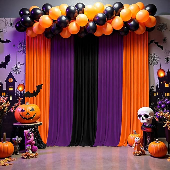 Halloween Backdrop Curtain,10×10ft Black Orange Purple Party Background Decor for Spooky Parties Photo Booths Home Haunted House Reusable Holiday Wall Decoration for Adults Teens