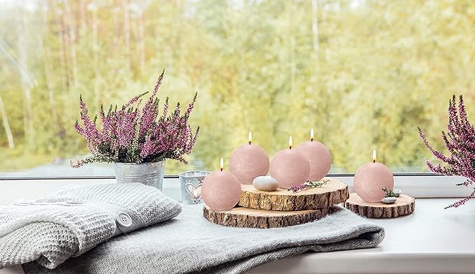 BOLSIUS 3 Pack Misty Pink Rustic Ball Pillar Candles - 3 Inch - Premium European Quality - Includes Natural Plant-Based Wax - Unscented Dripless Smokeless 25 Hour Party Décor and Wedding Candles
