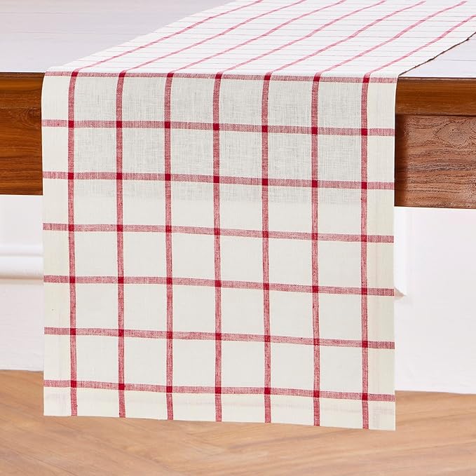 Solino Home Linen Plaid Table Runner 60 Inches - 100% Pure Linen Windowpane Tofu/Red Short Table Runner 14 x 60 Inch Ideal for Dresser and Coffee Tables - Christmas, Xmas