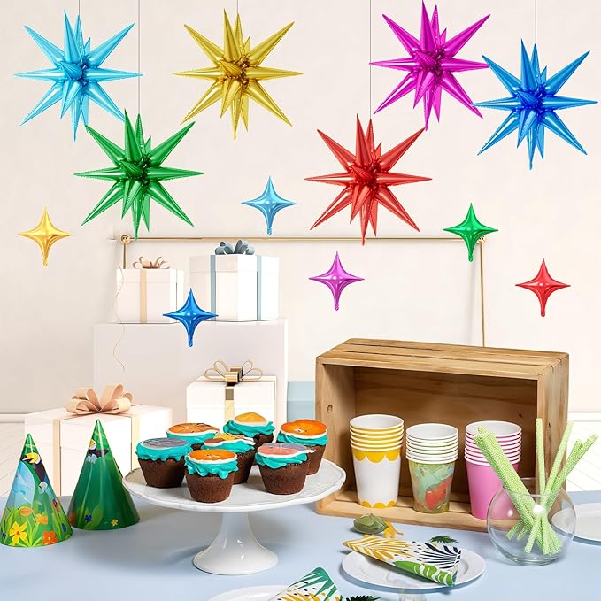 18 Pcs Colorful Star Balloons, Multi-color Stars Foil Balloon with 6 Pcs 22-Inch Explosion Star Balloons 12Pcs 10-Inch Four Pointed Stars Balloon for Baby Shower Kids Birthday Party Decoration