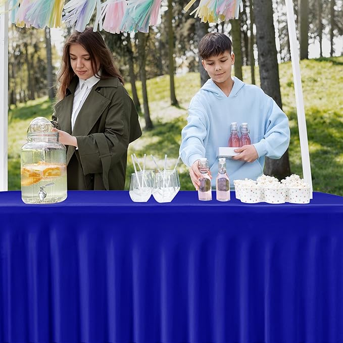 HolidayIdeas Royal Blue 8ft Rectangle Spandex Tablecloth 2 Pack Fitted Stretch Table Skirts 30x96 Inch, Ruffle Design Wrinkle-Free Polyester Table Cover for Banquets,Trade Shows, Parties, Events