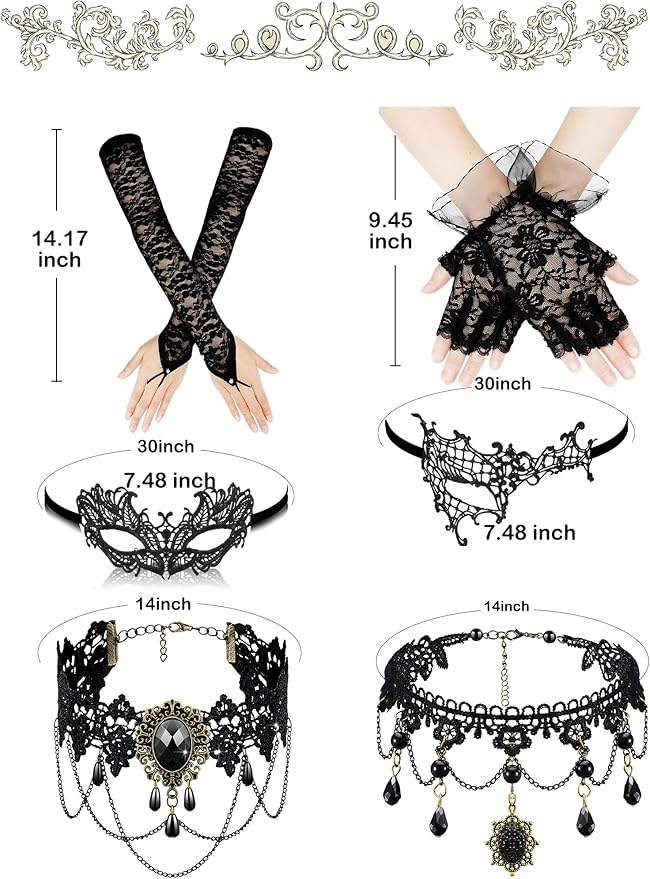 Newcotte 6 Pcs Masquerade Mask for Women Lace Mask Choker Necklace Glove for Christmas Halloween Venetian Party 80s 90s