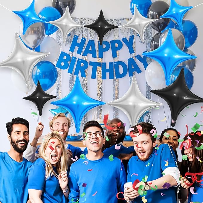 Black Blue Silver Star Balloons,12Pcs Four Angle Star Foil Balloons,26Inch and 10Inch Black Silver Blue Quadrangle Helium Balloon for Birthday Anniversary Party Decorations