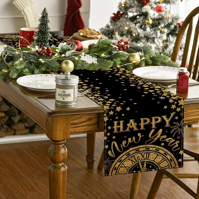 Seliem Happy New Year 2026 Table Runner, Black Gold Stars Clock Celebration Kitchen Dining Table Decor, Golden Fireworks Christmas Winter Home Decoration Indoor Outdoor Party Supply 13 x 90 Inches