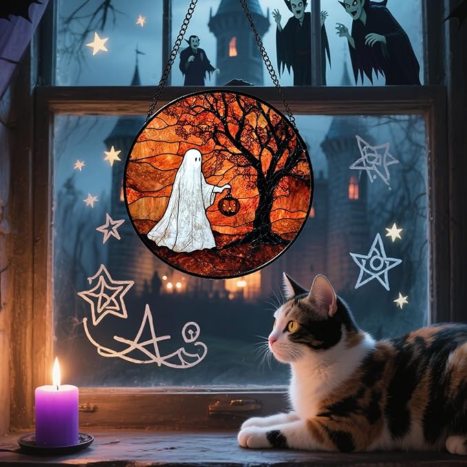 Stained Glass Window Hanging - Halloween Ghost Holding A Pumpkin Lantern Suncatcher for Door Garden Spooky Tree Sun Catchers Gothic Decorations Horror Gifts for Women Men Friend 6.3 in