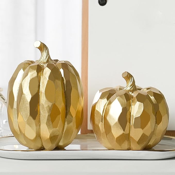 Pumpkin Decor Fall Decoration, Gold Pumpkins for Decorating, 2Pcs Resin Artificial Pumpkin Figurine Mantel Decor, Thanksgiving Autumn Harvest,Wedding