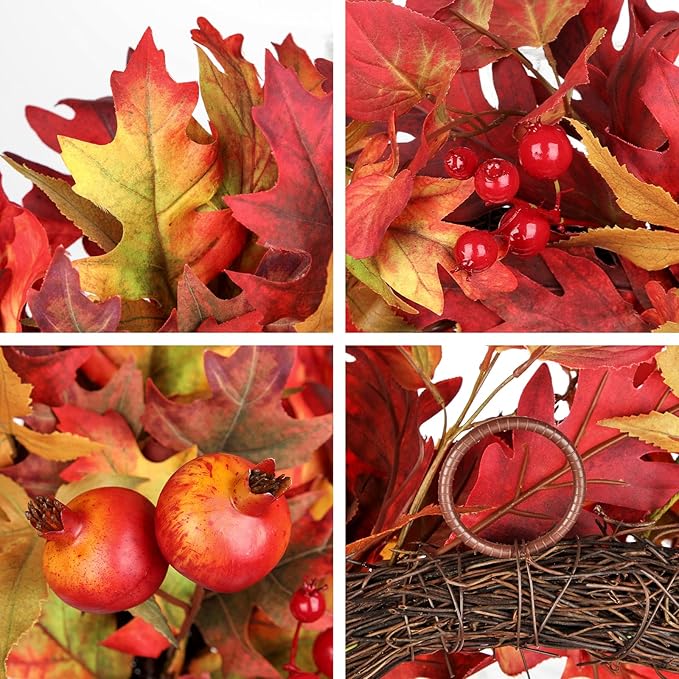 Briful 24 Inch Fall Wreaths for Front Door Artificial Autumn Maple Leaf Wreath with Red Berries & Pomegranate Outdoor Fake Hanging Wreath for Harvest Thanksgiving Home Mantle Window Porch Decor