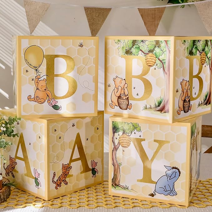 Kate Aspen A Little Honey Is On The Way Winnie Baby Boxes with Letters for Baby Shower, Classic Bear Gender Reveal Decorations, Table Centerpiece, Set of 4 Stackable Boxes
