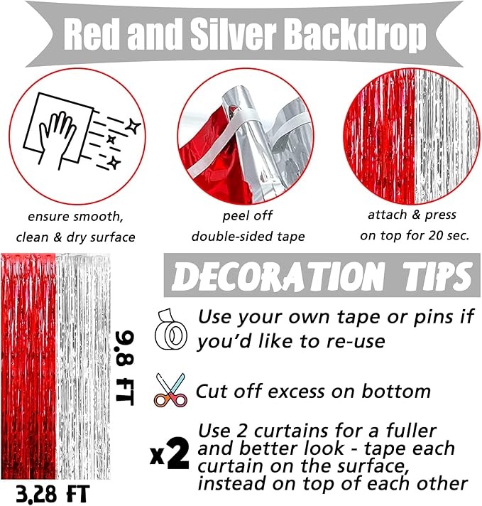 4 Pack 3.2Ft x 9.8Ft Red and Silver Fringe Curtain Backdrop, Metallic Tinsel Foil Fringe Streamers Curtains Background for Photo Booth Wedding Circus Welcome Carnival Birthday Party Decorations