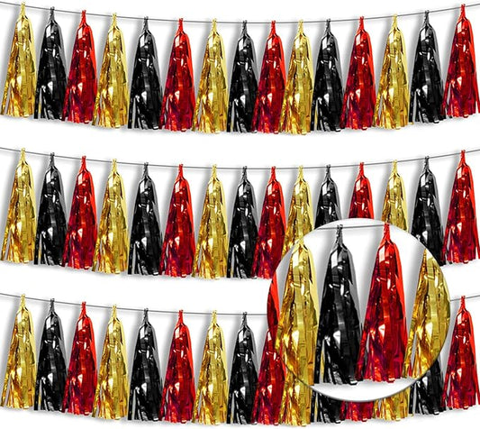3P Metallic Fringe Banner Garland Foil Tinsel Streamer Wall Hanging Curtain Backdrop Banners for Parade Floats Graduation Decorations, Baby Bridal Shower Party Decoration(Red-Black Gold)