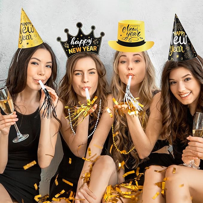 84Pcs New Year’s Eve Party Supplies for 24 Guest Black Gold Wearables Noisemakers 2026 Happy New Year Party Decoration include Cone Hats Tiaras Tassel Squawkers Beaded Necklace Great Party Favors